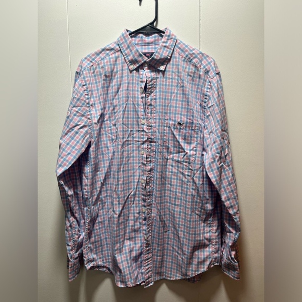 Vineyard Vines Classic Fit Tucker Shirt Mens Size Medium Blue Pink White Logo‎